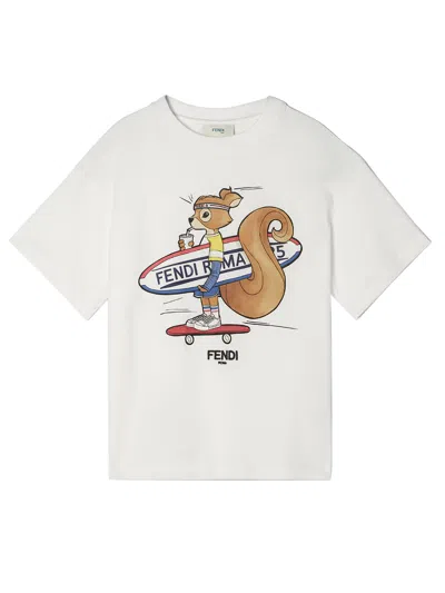 Fendi Kids Mini Squirrel Print T-shirt For Girls In White