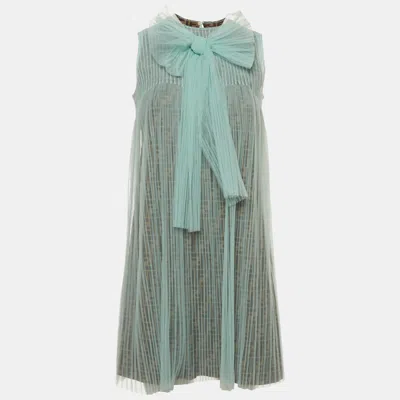 Pre-owned Fendi Kids Mint Green Plissé Tulle And Jersey Dress 10 Yrs