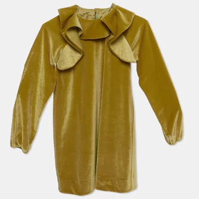 Pre-owned Fendi Kids Mustard Yellow Velvet Ruffle Dress 8yrs