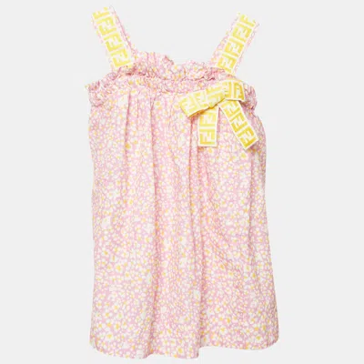 Pre-owned Fendi Kids Pink Printed Cotton Ff Zucca Tape Detail Dress 12m