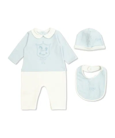 Fendi Kids Printed Sleepsuit Hat And Bib Set In Blue