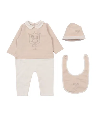 Fendi Kids Printed Sleepsuit Hat And Bib Set In Neutral