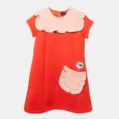 Pre-owned Fendi Kids Red/pink Neoprene Frill Detail Dress 10yrs