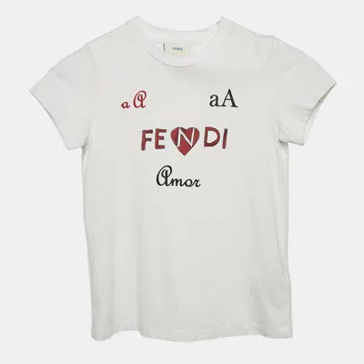 Pre-owned Fendi Kids White Logo Print Cotton Crew Neck T-shirt 7 Yrs