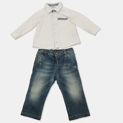 Pre-owned Fendi Kids White/blue Cotton And Denim 2 Piece Set 9m