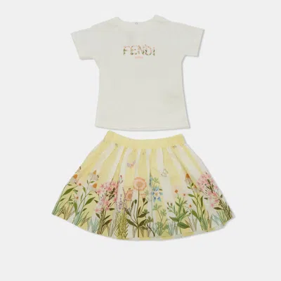 Pre-owned Fendi Kids White/yellow Floral Print Jersey And Poplin T-shirt And Skirt Set 18 M