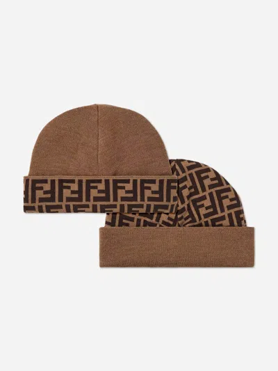 Fendi Kids Wool Ff Logo Beanie Hat In Brown
