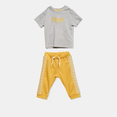 Pre-owned Fendi Kids Yellow/grey Cotton Knit T-shirt And Trackpants Set 6m In Gray