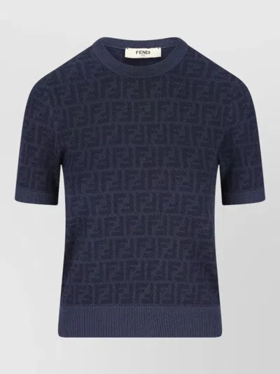 Fendi Knit Crew Neck Top Ff Jacquard In Blue