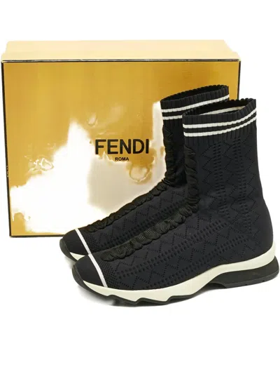 Pre-owned Fendi Knit High-top Sneakers In Blue