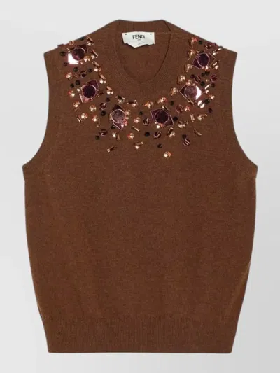 Fendi Knit Top Sleeveless Embellished Neckline In Brown