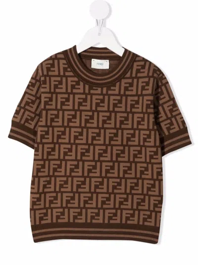 Fendi Knit Top With Ff Pattern For Kids In Brown