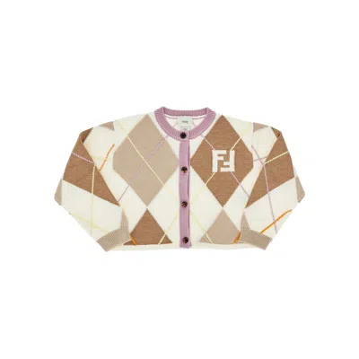 Fendi Kids' Knitted Cardigan With Diamond Motif In Neutral
