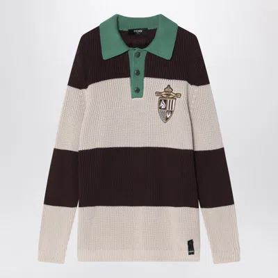 Fendi Knitted Cotton Polo Shirt With Brown And Beige Stripes
