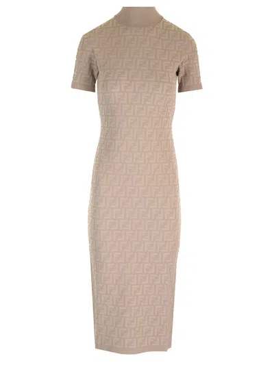 Fendi Knitted Dress With All-over Pattern In Nude & Neutrals
