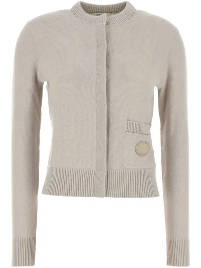 Fendi Cashmere Cardigan With Ribbed Cuffs And Front Pocket In Grey
