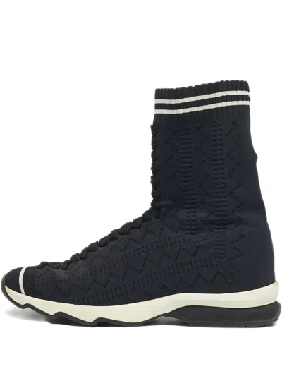 Pre-owned Fendi Knitted High-top Sneakers In Black