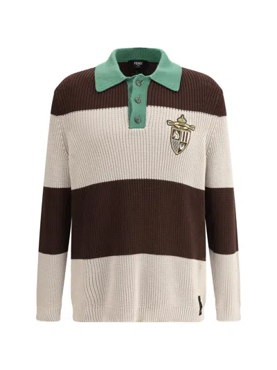 Fendi Brown Knitted Polo With Striped Motif And  Club Patch On The Front In Cotton Man