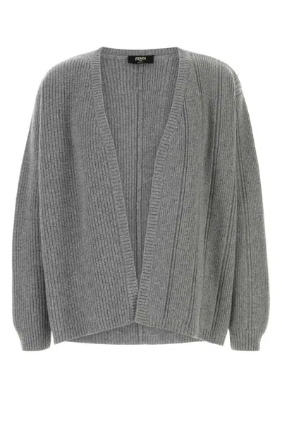 Fendi Long Sleeves Cashmere Blend Cardigan In Grey