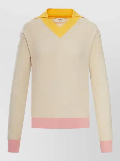 Fendi Knitwear Long Sleeves V Neck Contrasting Collar In Neutral
