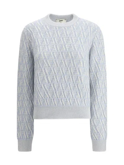 Fendi Jacquard Silk Sweater With Ribbed Crew In Gray