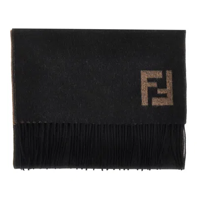 Fendi Logo Fringed Scarf In Black