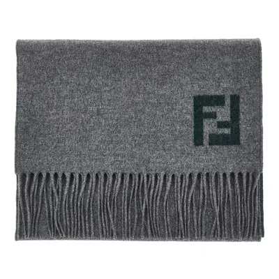 Fendi Logo Fringed Scarf In Gray