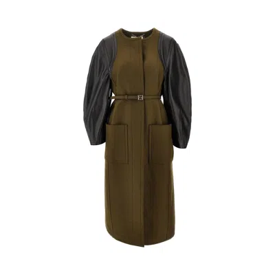 FENDI L MIDI COAT WITH NAPPA LEATHER SLEEVES