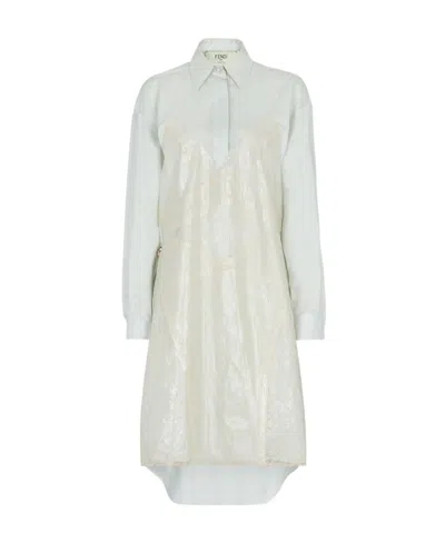 Fendi Lace-detail Silk Shirtdress In Blue