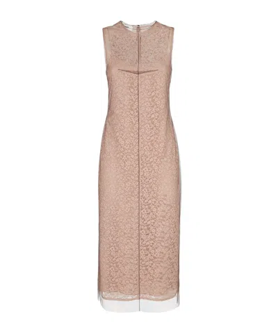 Fendi Beige Sleeveless Crewneck Dress With Floral Embroidery In Lace Woman