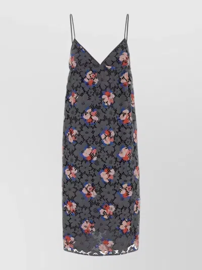Fendi Lace Dress V Neckline Floral Pattern In Gray
