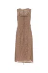 Fendi Women Beige Sleeveless Crewneck Dress With Floral Embroidery In Lace Woman In Brown
