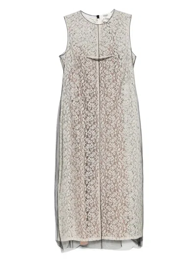 Fendi Beige Floral-lace Midi Dress In White