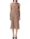 Fendi Women Beige Sleeveless Crewneck Dress With Floral Embroidery In Lace Woman In Brown