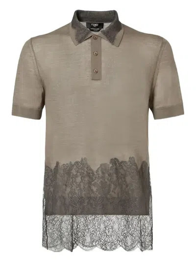 Fendi Dove Gray Lace And Cashmere Polo Shirt In Brown