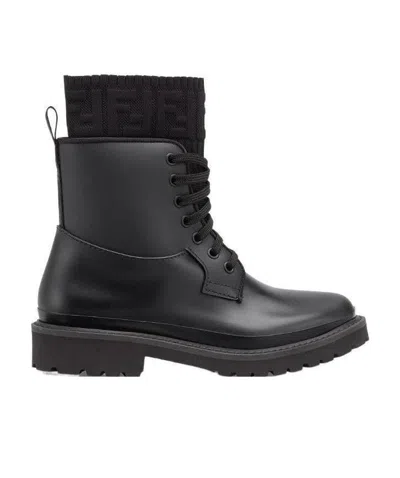 Fendi Lace-up Biker Boots In Black