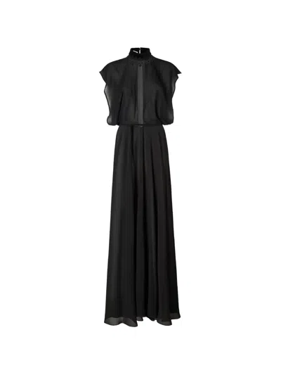 Fendi Lace-trimmed Pintuck-pleated Maxi Dress In Black
