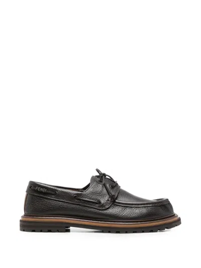 Fendi Lace-up Leather Boat Shoes In Black