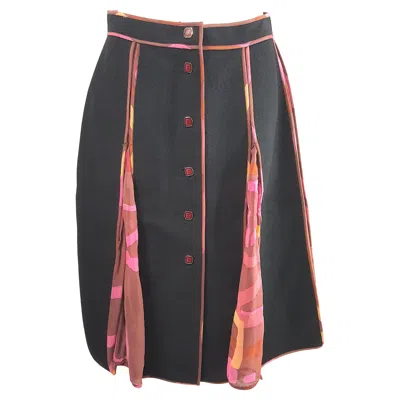 Pre-owned Fendi Lagerfeld Runway Ff Logo Silkchiffon&buttons Woolpanel Highslit Skirt 2000 In Black