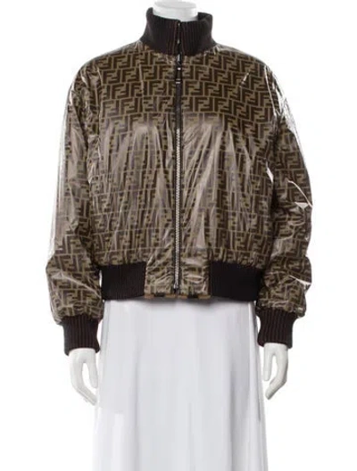 Pre-owned Fendi Lamb Fur Striped Bomber Jacket In Brown