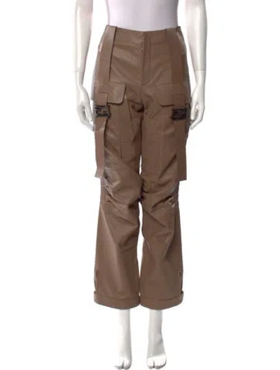 Pre-owned Fendi Lamb Leather Straight Leg Pants In Brown