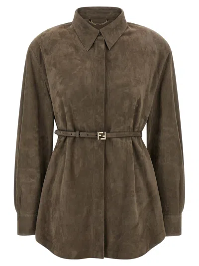 Fendi Lamb Suede Belted Blouse In Brown