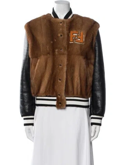 Pre-owned Fendi Lambskin Graphic Print Bomber Jacket In Brown