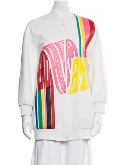 Pre-owned Fendi Lambskin Graphic Print Bomber Jacket In White