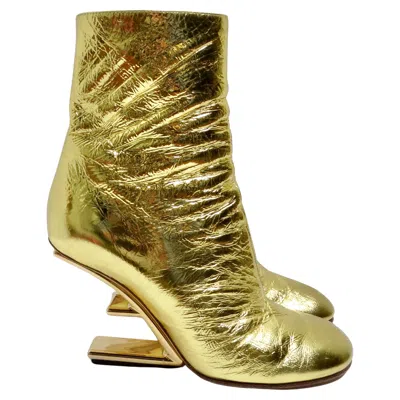 Pre-owned Fendi Laminated Craquele Nappa  First Booties In Brown