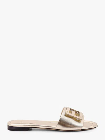 Fendi Laminated Leather Sandals With Logo On The Front In Gold