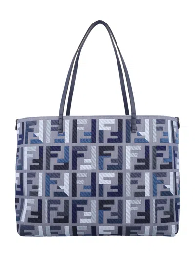 Fendi Large Canvas Shopper With Ff Embroidery In Blue