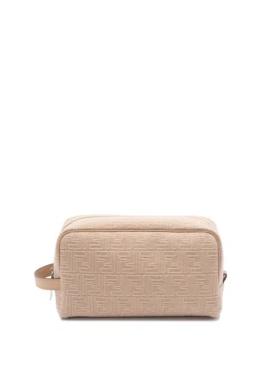 Fendi Large `denim Ff` Beauty Case In Sand