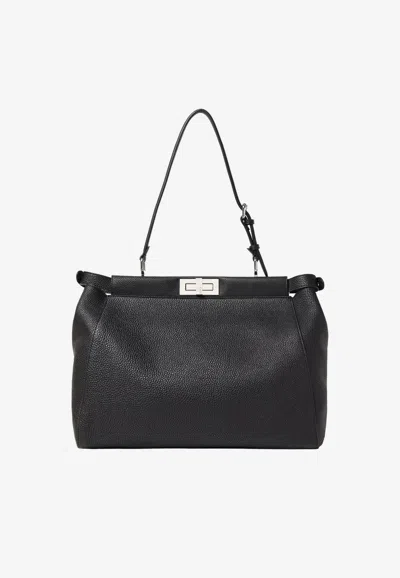 Fendi Large My Peekaboo Grained Leather Shoulder Bag In Black
