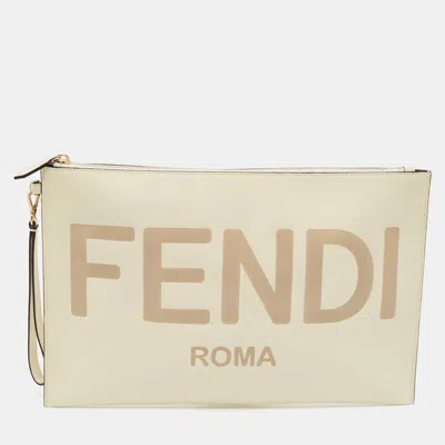 Pre-owned Fendi Large Off White Leather Flat Pouch